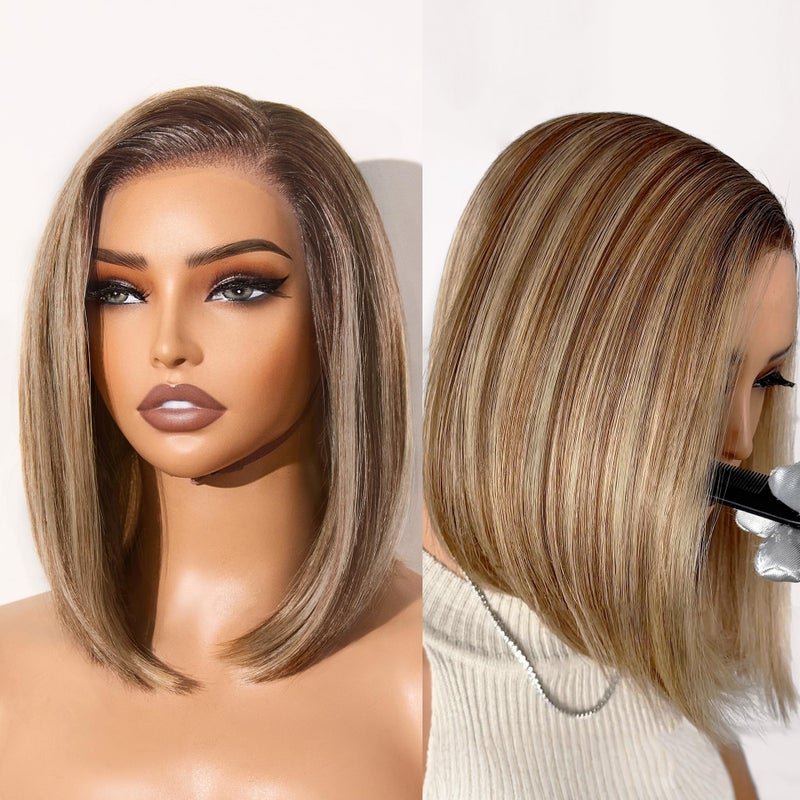 GORGIUS Blonde Bob Wig with Highlights Glueless Straight Short Synthetic Lace Front Wigs For Women Pre Cut Pre Plucked Side Part Hairline 12 Inch